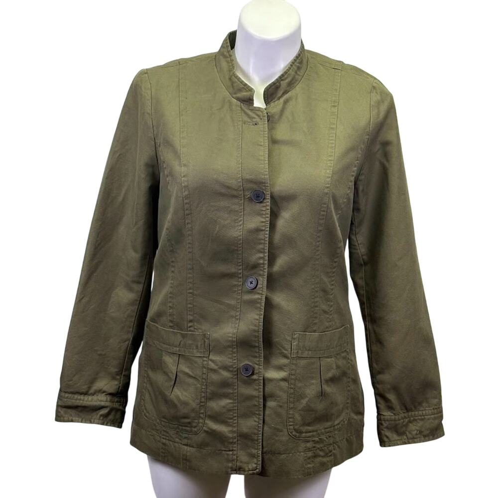 Coldwater Creek Linen Military Jacket Olive Green Button Up Blazer Size 14